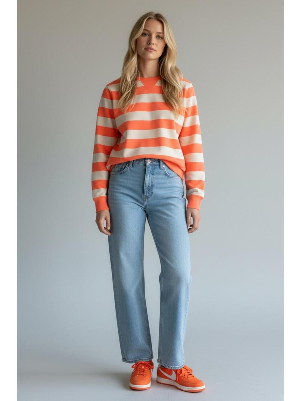 Gap Neon Orange & White Striped Long Sleeve Favorite V-Detail Tee, Size M